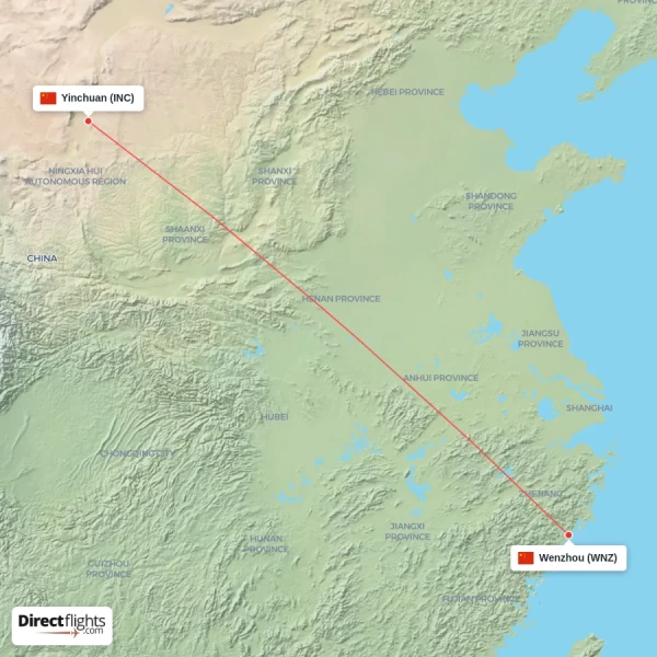Wenzhou - Yinchuan direct flight map