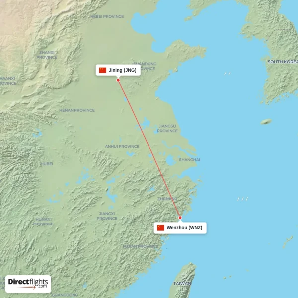 Wenzhou - Jining direct flight map
