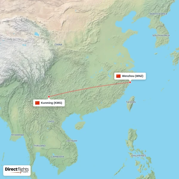 Wenzhou - Kunming direct flight map