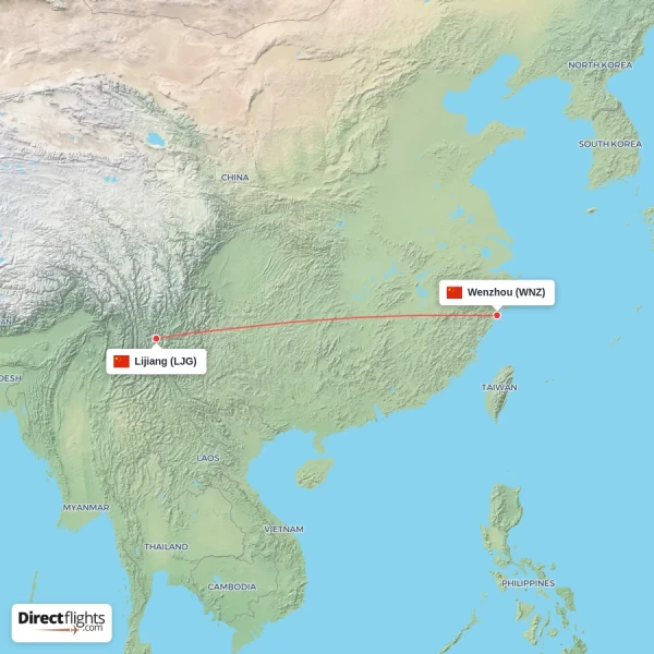 Wenzhou - Lijiang direct flight map