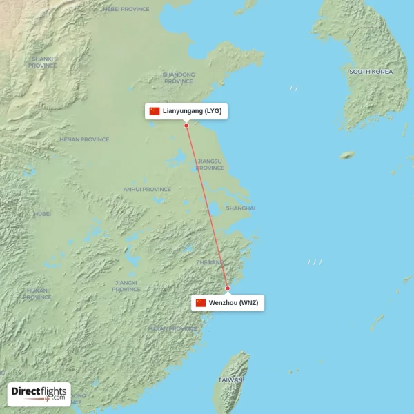 Wenzhou - Lianyungang direct flight map