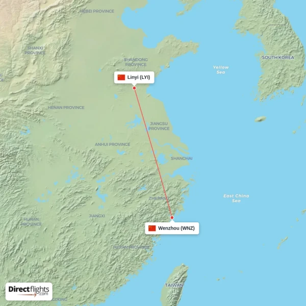 Wenzhou - Linyi direct flight map