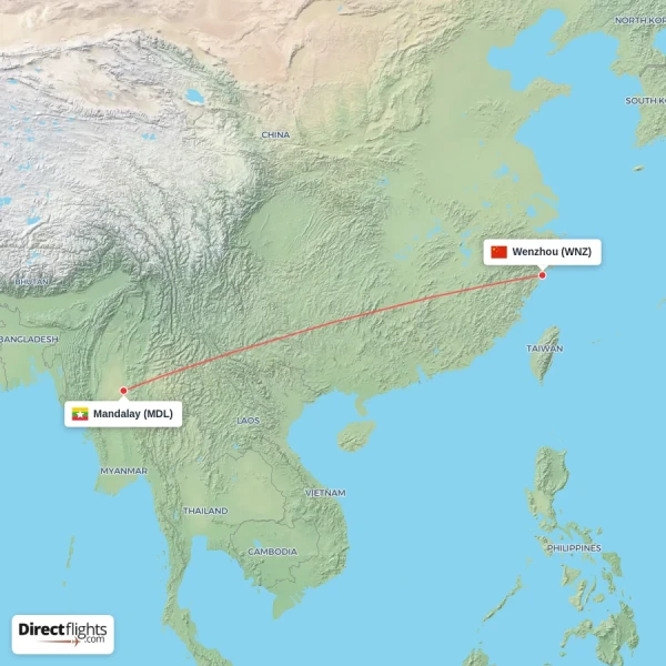 Wenzhou - Mandalay direct flight map
