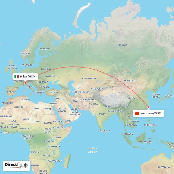 Wenzhou - Milan direct flight map