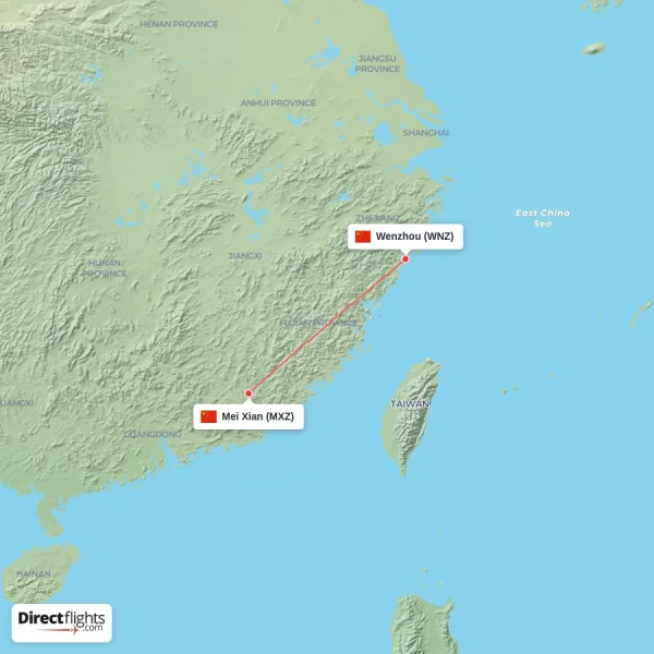 Wenzhou - Mei Xian direct flight map
