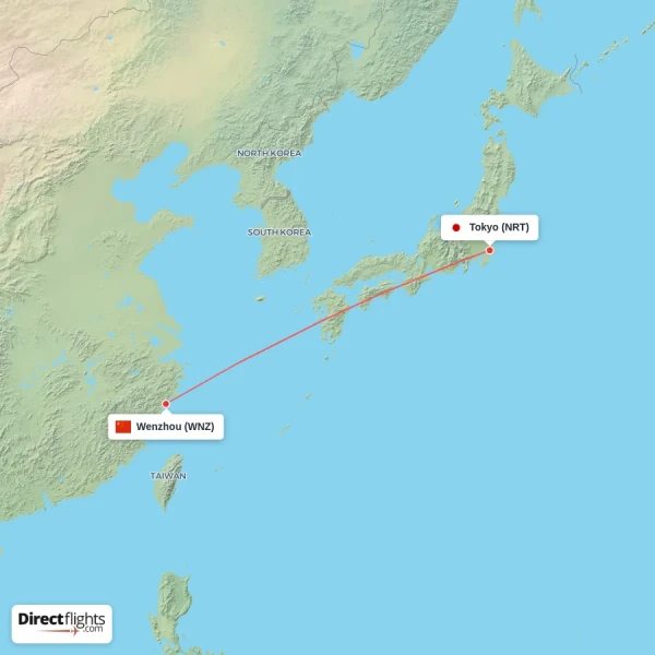 Wenzhou - Tokyo direct flight map