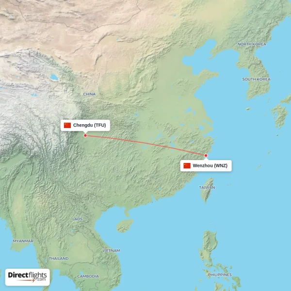 Wenzhou - Chengdu direct flight map