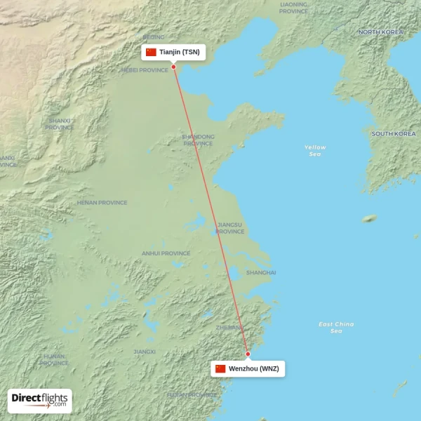 Wenzhou - Tianjin direct flight map