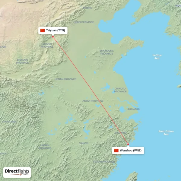 Wenzhou - Taiyuan direct flight map