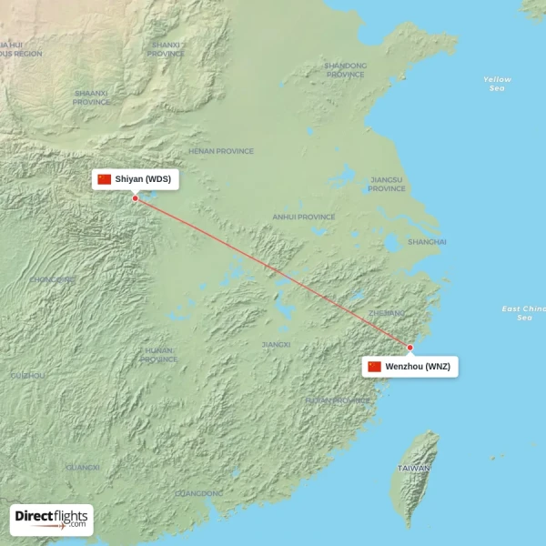 Wenzhou - Shiyan direct flight map