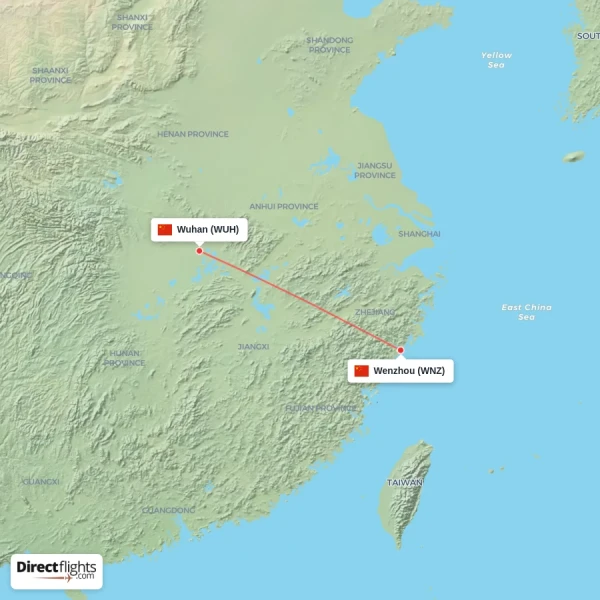 Wenzhou - Wuhan direct flight map