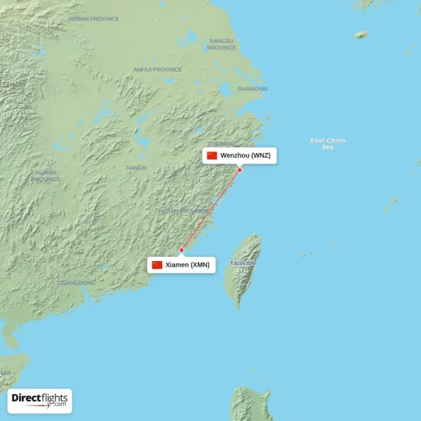 Wenzhou - Xiamen direct flight map