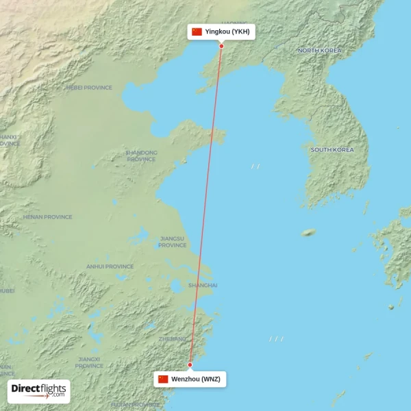 Wenzhou - Yingkou direct flight map