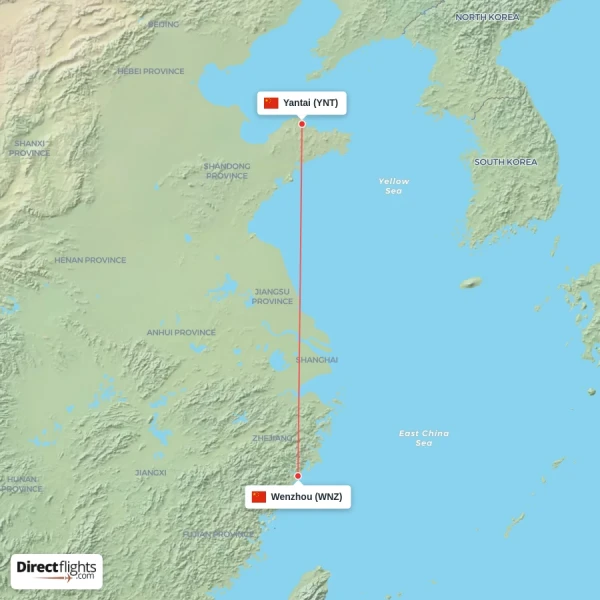 Wenzhou - Yantai direct flight map