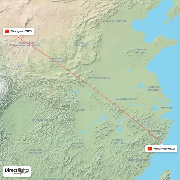 Wenzhou - Zhongwei direct flight map