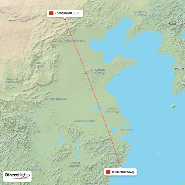 Wenzhou - Zhangjiakou direct flight map