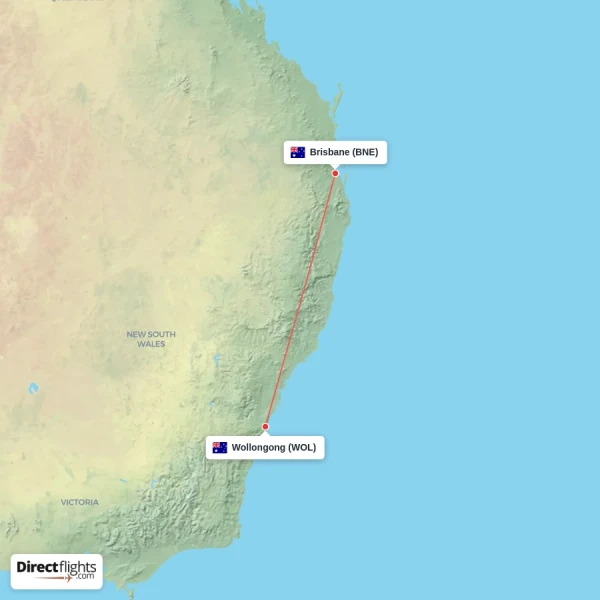 Wollongong - Brisbane direct flight map