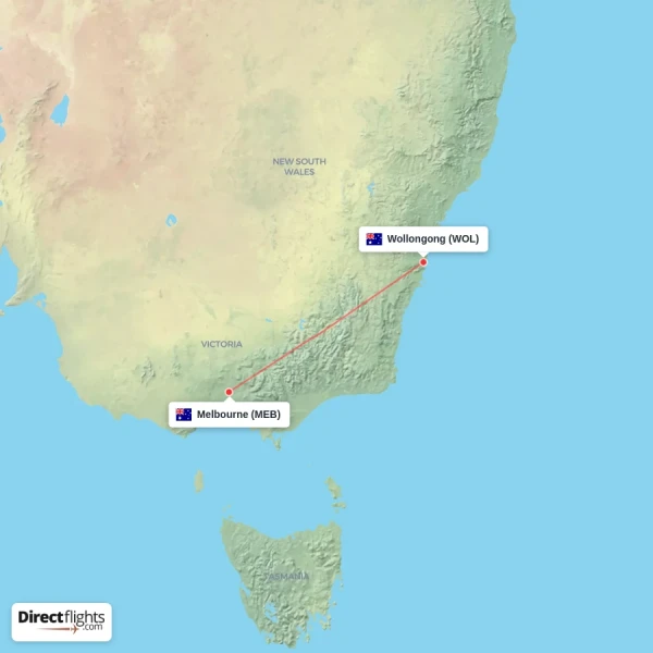 Wollongong - Melbourne direct flight map