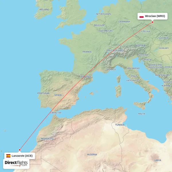 Wroclaw - Lanzarote direct flight map