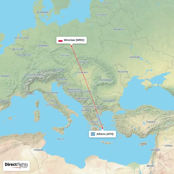Wroclaw - Athens direct flight map