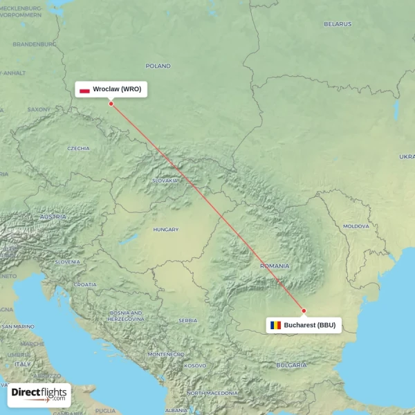 Wroclaw - Bucharest direct flight map