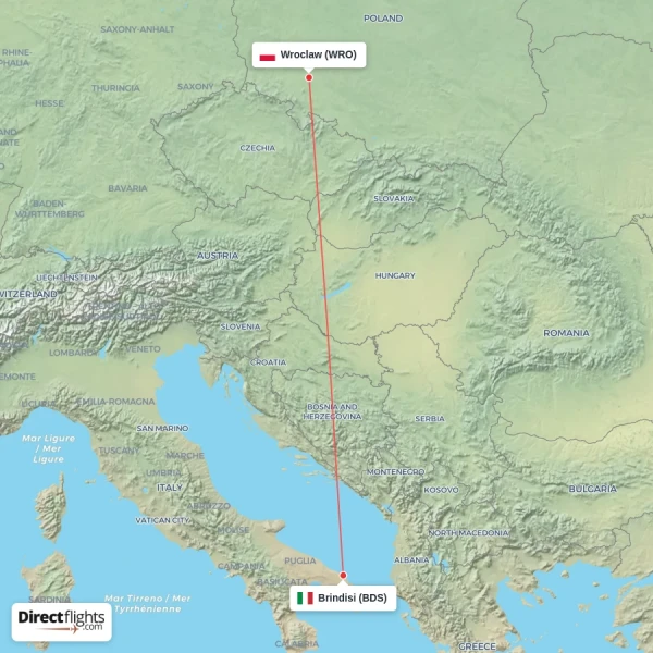 Wroclaw - Brindisi direct flight map