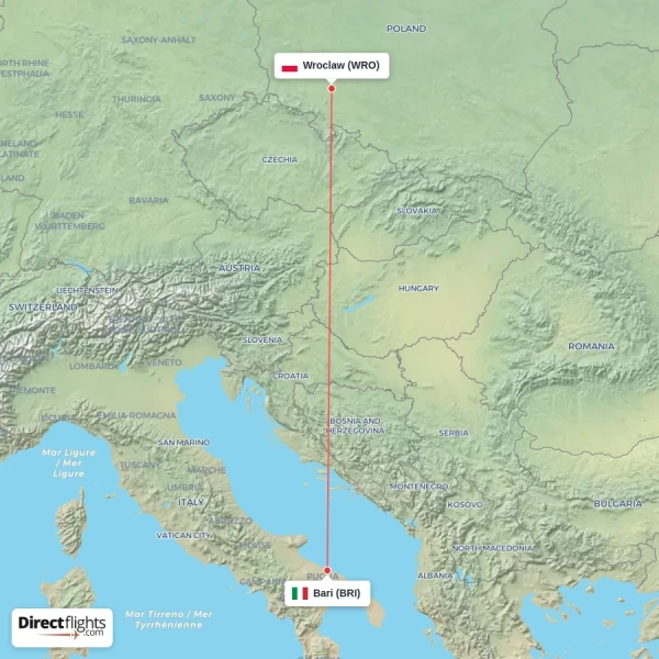Wroclaw - Bari direct flight map