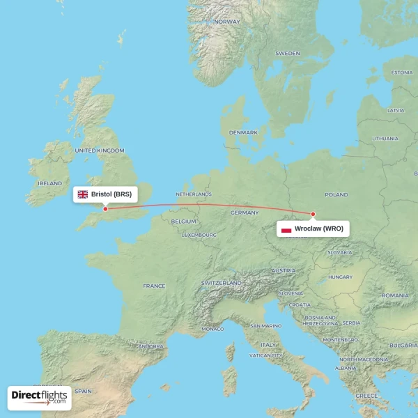 Wroclaw - Bristol direct flight map