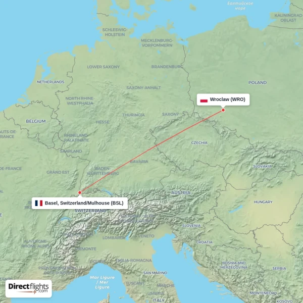 Wroclaw - Basel, Switzerland/Mulhouse direct flight map