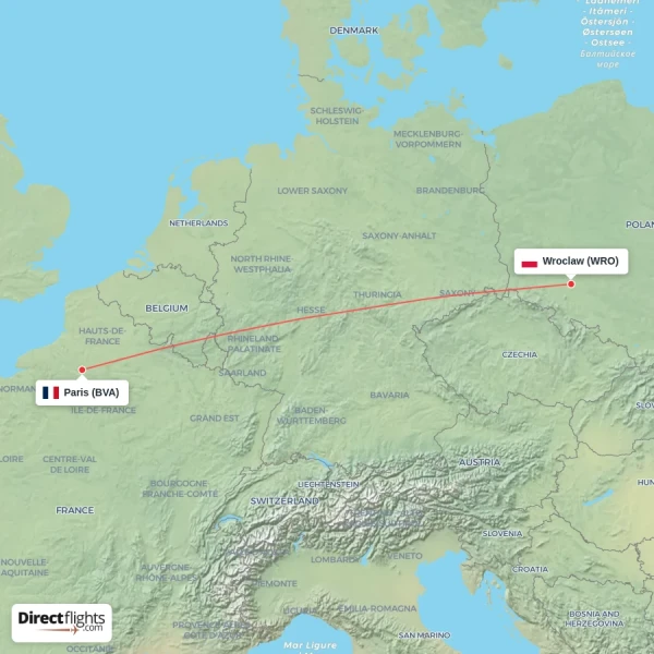 Wroclaw - Paris direct flight map