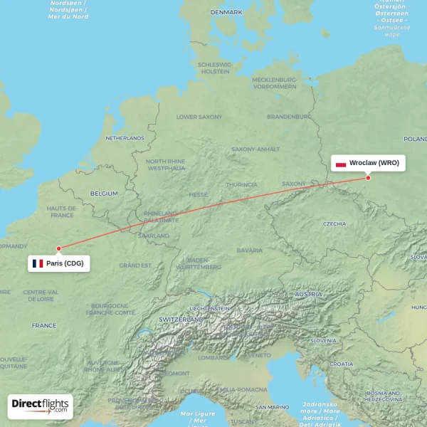 Wroclaw - Paris direct flight map