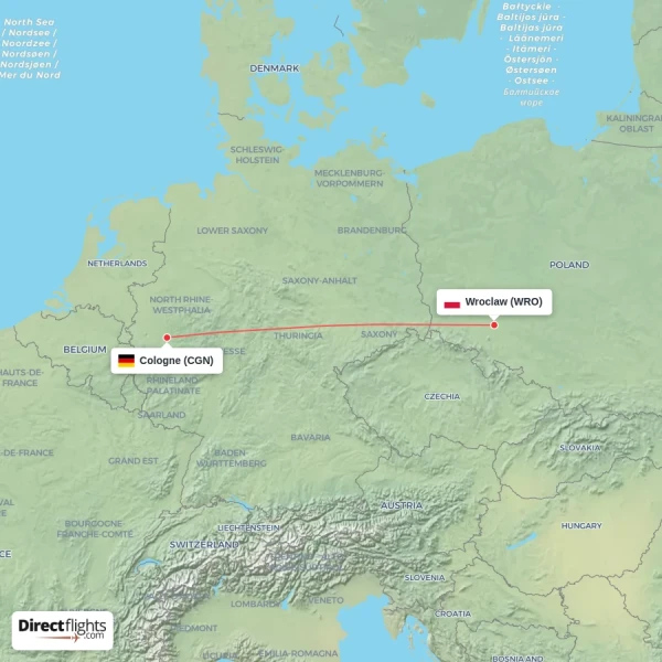 Wroclaw - Cologne direct flight map