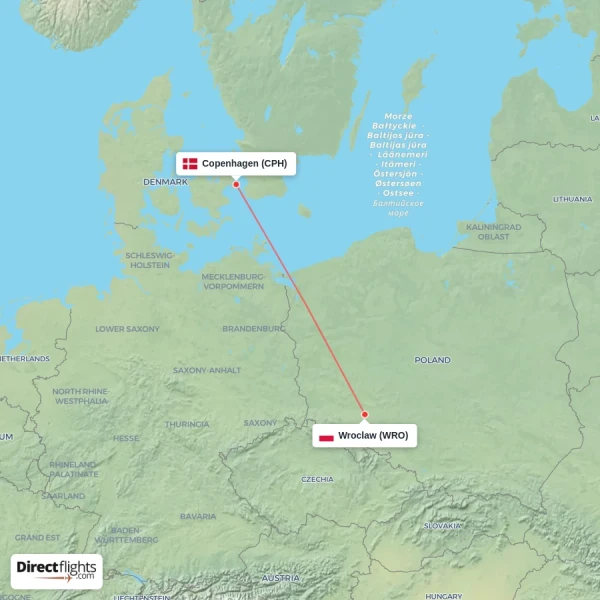 Wroclaw - Copenhagen direct flight map