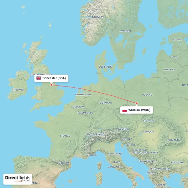 Wroclaw - Doncaster direct flight map