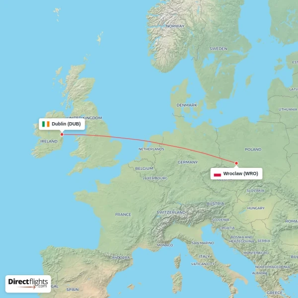 Wroclaw - Dublin direct flight map