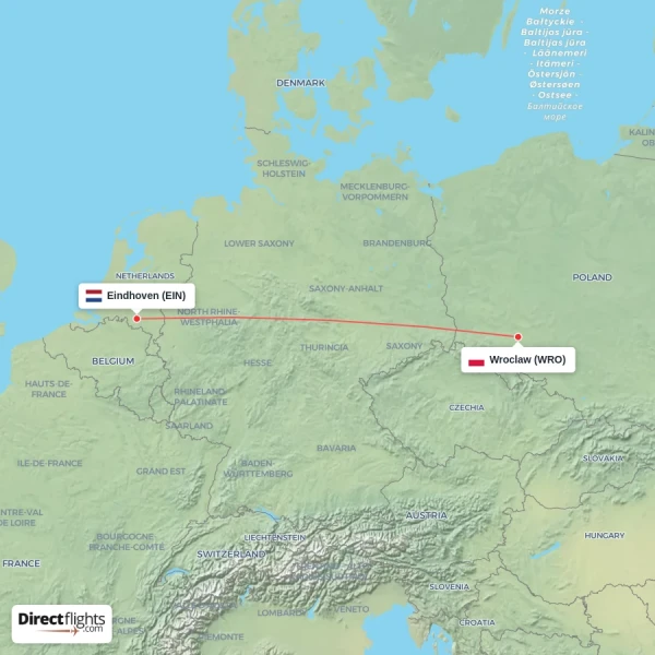 Wroclaw - Eindhoven direct flight map