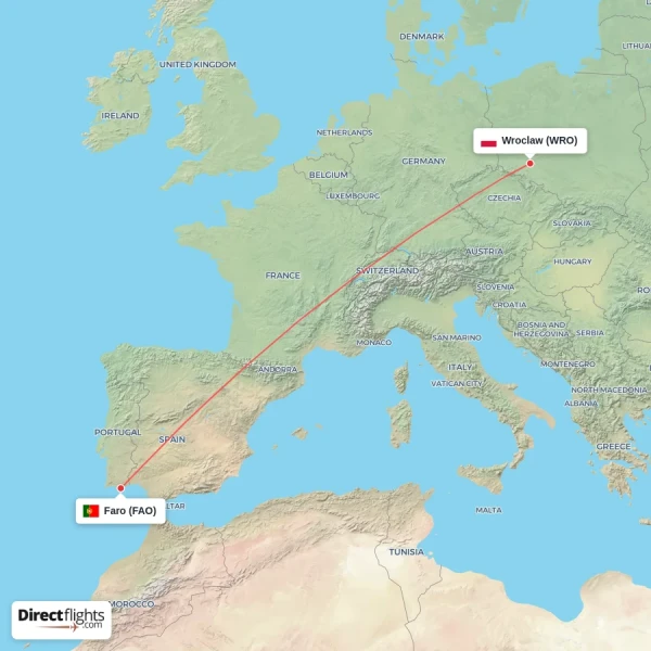 Wroclaw - Faro direct flight map