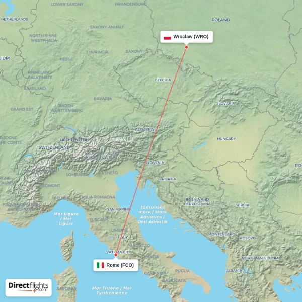Wroclaw - Rome direct flight map