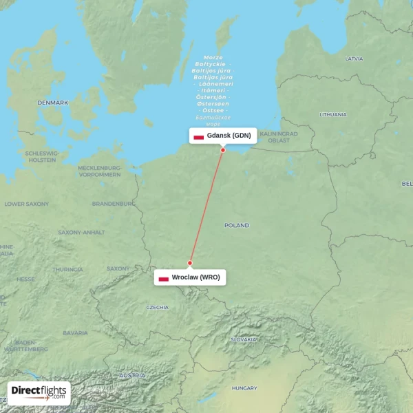 Wroclaw - Gdansk direct flight map