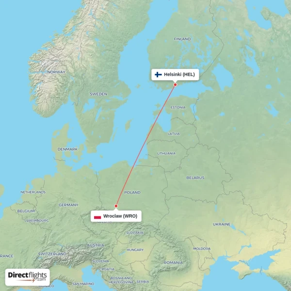 Wroclaw - Helsinki direct flight map