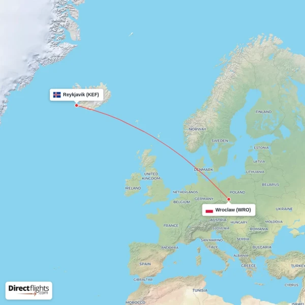 Wroclaw - Reykjavik direct flight map