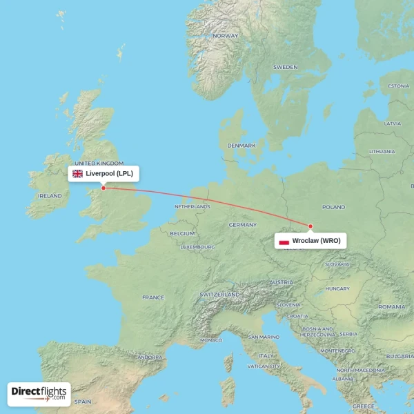 Wroclaw - Liverpool direct flight map