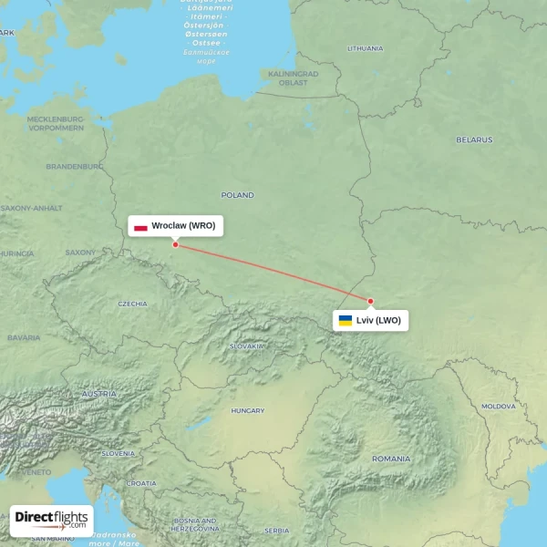 Wroclaw - Lviv direct flight map