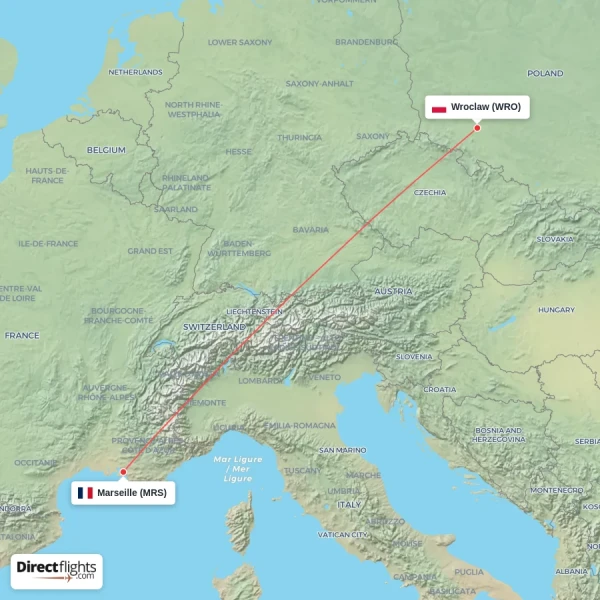 Wroclaw - Marseille direct flight map