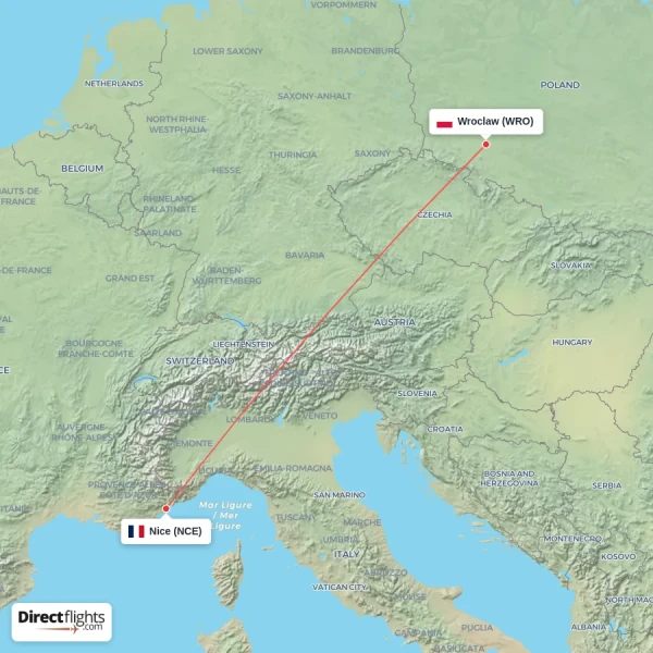 Wroclaw - Nice direct flight map