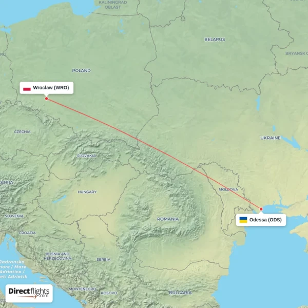 Wroclaw - Odessa direct flight map