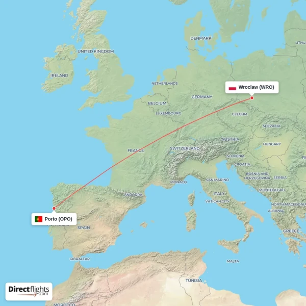 Wroclaw - Porto direct flight map