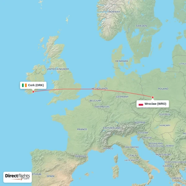 Wroclaw - Cork direct flight map