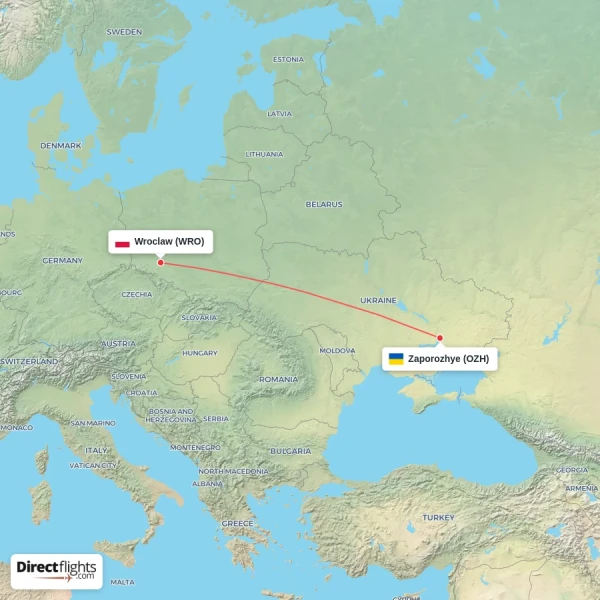 Wroclaw - Zaporozhye direct flight map