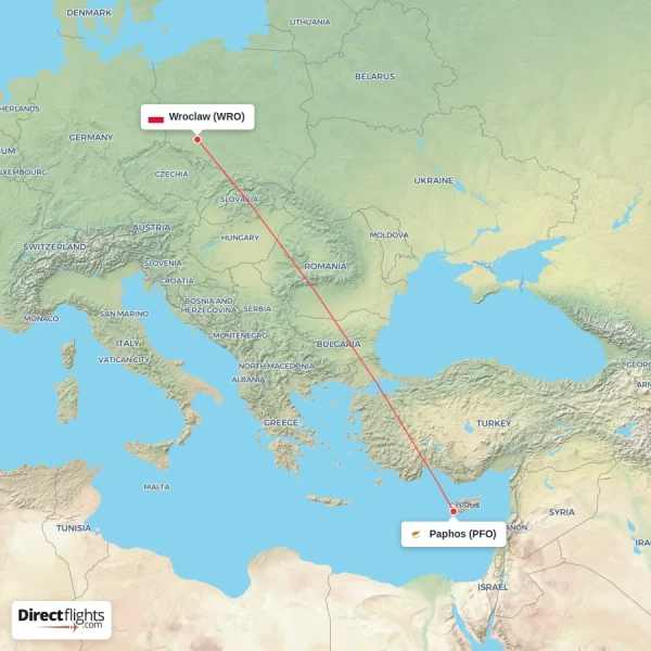 Wroclaw - Paphos direct flight map
